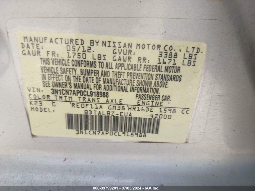 2012 Nissan Versa 1.6 Sv VIN: 3N1CN7AP0CL918988 Lot: 39799281