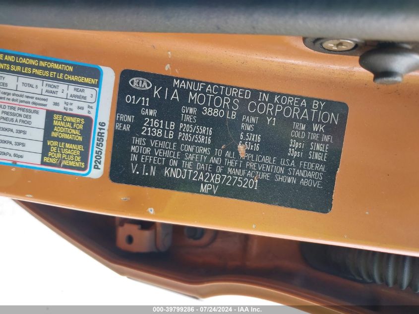 2011 Kia Soul + VIN: KNDJT2A2XB7275201 Lot: 39799286