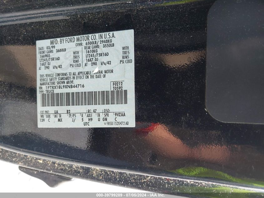 1999 Ford F-150 Lariat/Xl/Xlt VIN: 1FTRX18L9XNB44716 Lot: 39799289