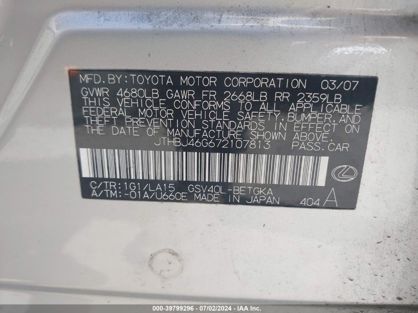 2007 Lexus Es 350 VIN: JTHBJ46G672107813 Lot: 39799296
