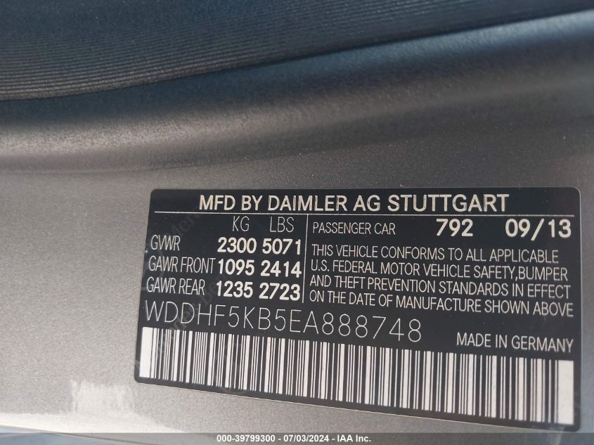 2014 Mercedes-Benz E 350 VIN: WDDHF5KB5EA888748 Lot: 39799300