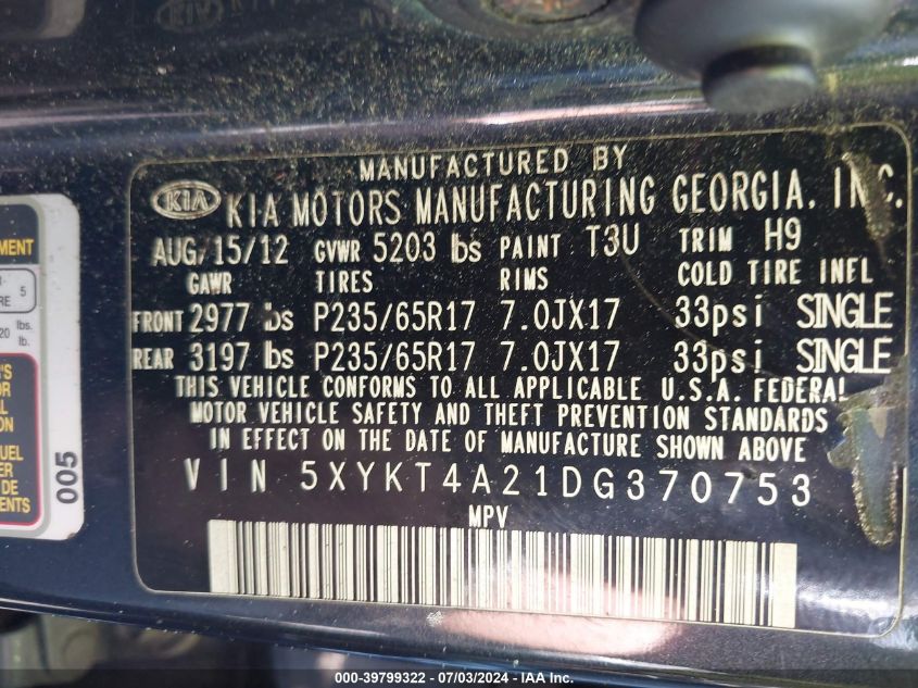 2013 Kia Sorento Lx VIN: 5XYKT4A21DG370753 Lot: 39799322