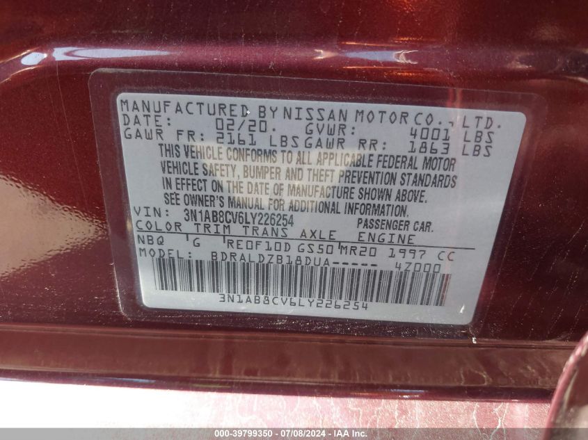 2020 Nissan Sentra Sv Xtronic Cvt VIN: 3N1AB8CV6LY226254 Lot: 39799350