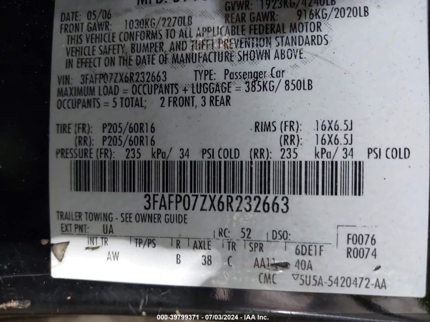 2006 Ford Fusion Se VIN: 3FAFP07ZX6R232663 Lot: 39799371