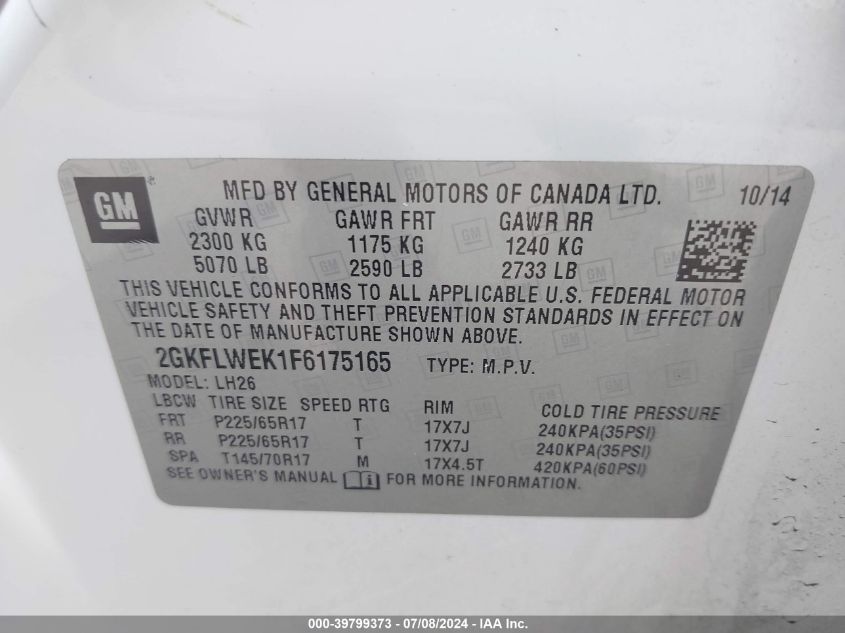 2015 GMC Terrain Sle-2 VIN: 2GKFLWEK1F6175165 Lot: 39799373