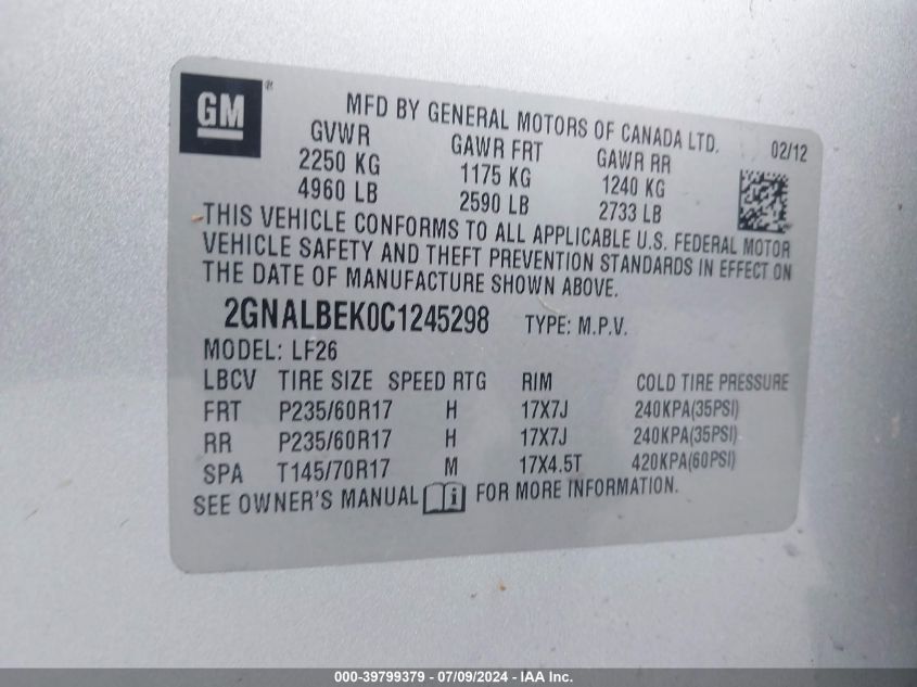 2012 Chevrolet Equinox Ls VIN: 2GNALBEK0C1245298 Lot: 39799379