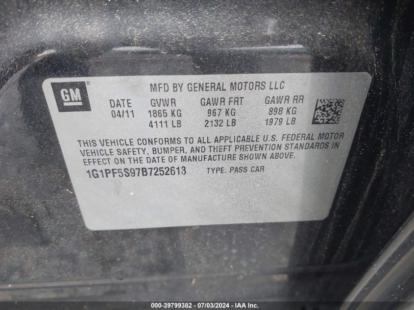 2011 Chevrolet Cruze 1Lt VIN: 1G1PF5S97B7252613 Lot: 39799382