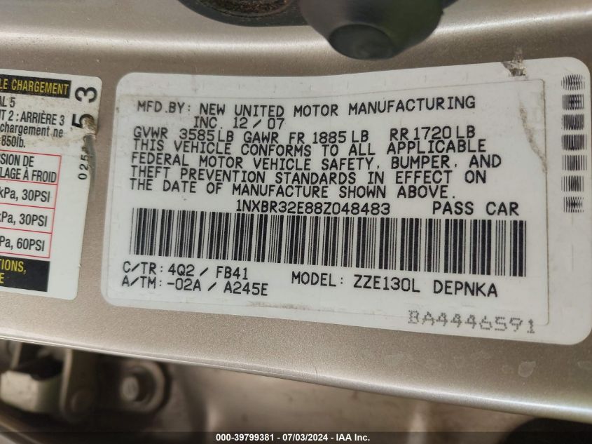 2008 Toyota Corolla Ce/Le/S VIN: 1NXBR32E88Z048483 Lot: 39799381