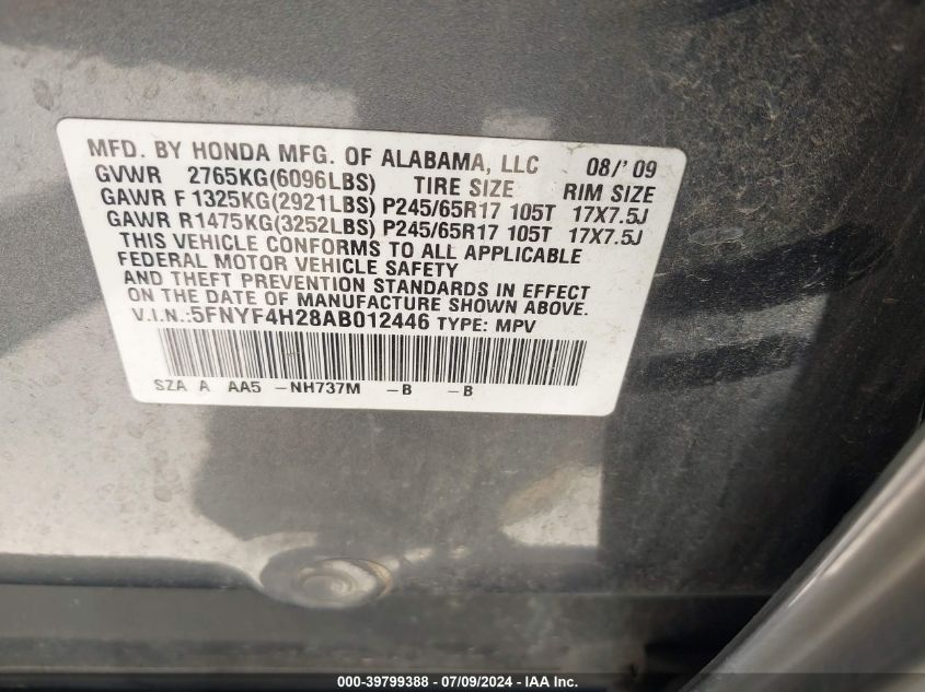 2010 Honda Pilot Lx VIN: 5FNYF4H28AB012446 Lot: 39799388