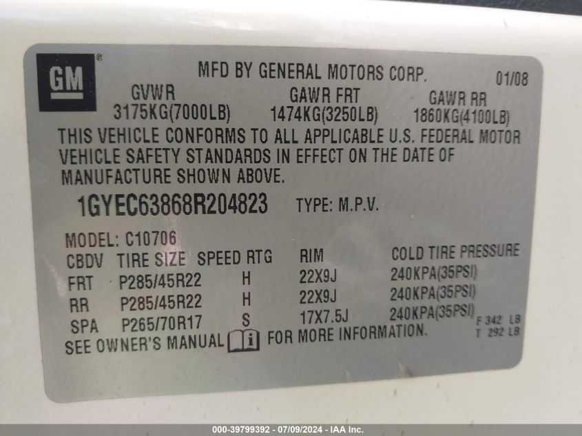 2008 Cadillac Escalade Standard VIN: 1GYEC63868R204823 Lot: 39799392