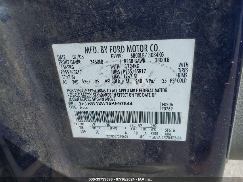 2005 Ford F-150 Xlt VIN: 1FTRW12W15KE97844 Lot: 39799396