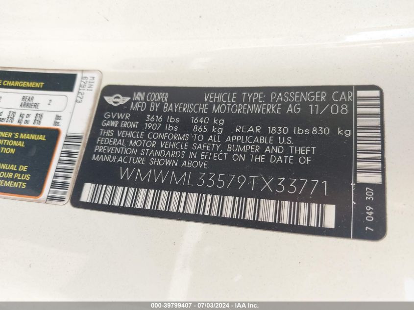2009 Mini Cooper Clubman VIN: WMWML33579TX33771 Lot: 39799407