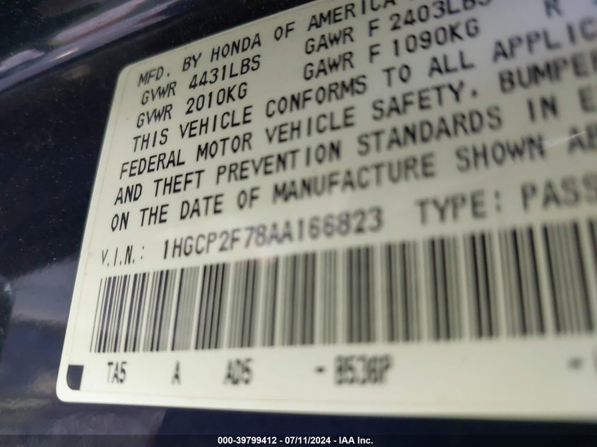 2010 Honda Accord 2.4 Ex VIN: 1HGCP2F78AA166823 Lot: 39799412