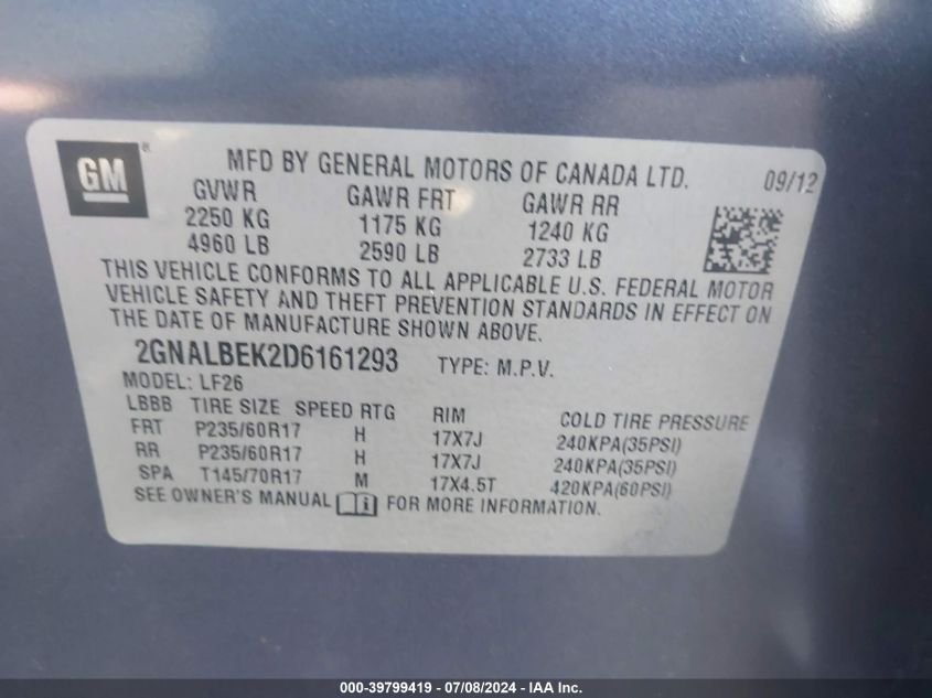 2013 Chevrolet Equinox Ls VIN: 2GNALBEK2D6161293 Lot: 39799419