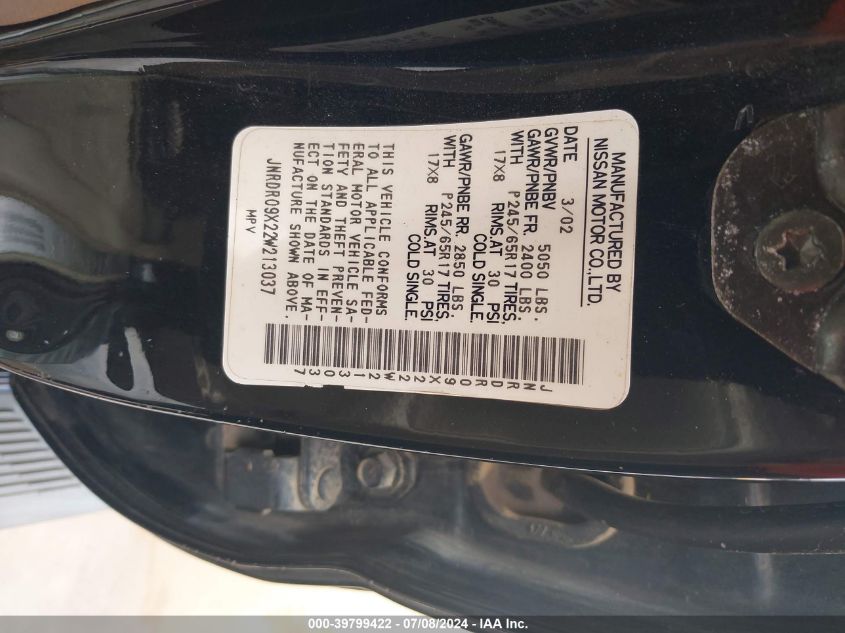 2002 Infiniti Qx4 Luxury VIN: JNRDR09X22W213037 Lot: 39799422