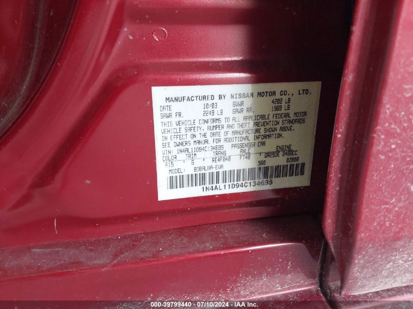2004 Nissan Altima S/Sl VIN: 1N4AL11D94C134695 Lot: 39799440
