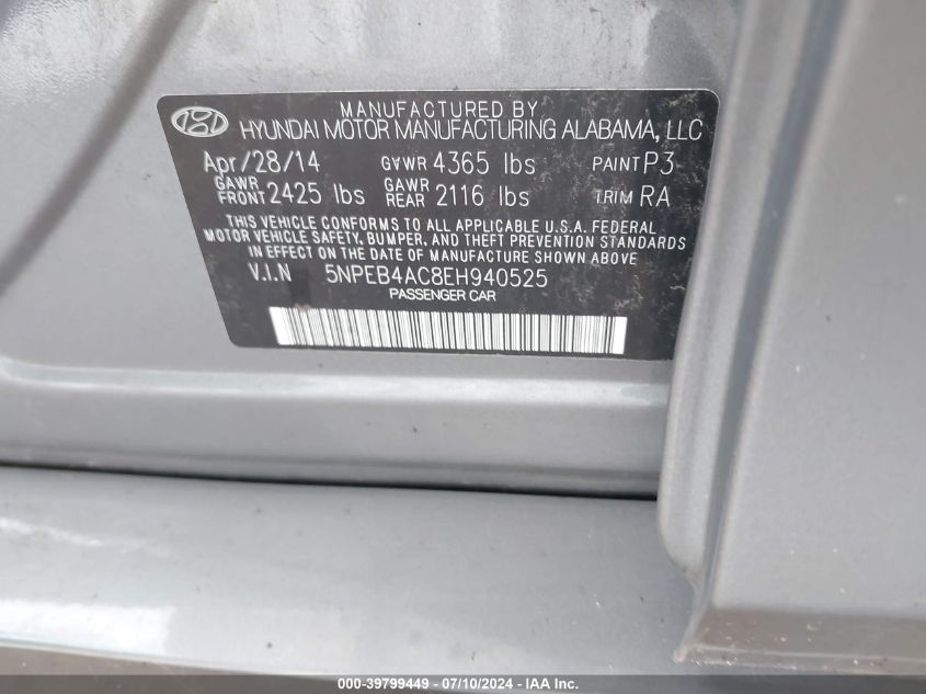 2014 Hyundai Sonata Gls VIN: 5NPEB4AC8EH940525 Lot: 39799449