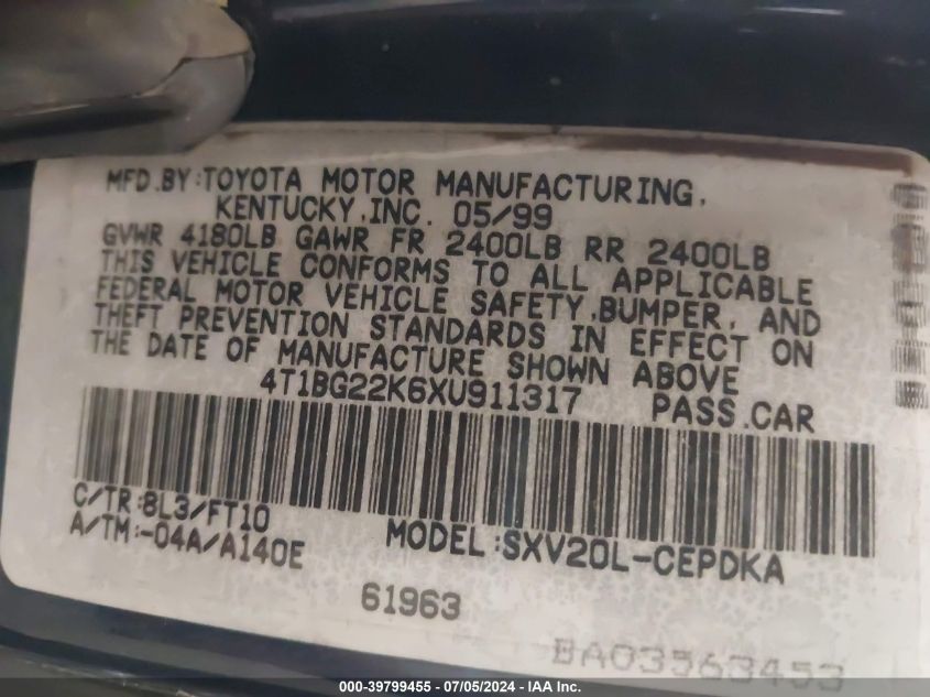 1999 Toyota Camry Ce VIN: 4T1BG22K6XU911317 Lot: 39799455