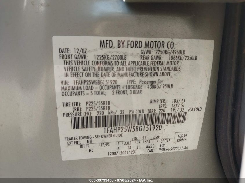 2008 Ford Taurus Limited VIN: 1FAHP25W58G151920 Lot: 39799458