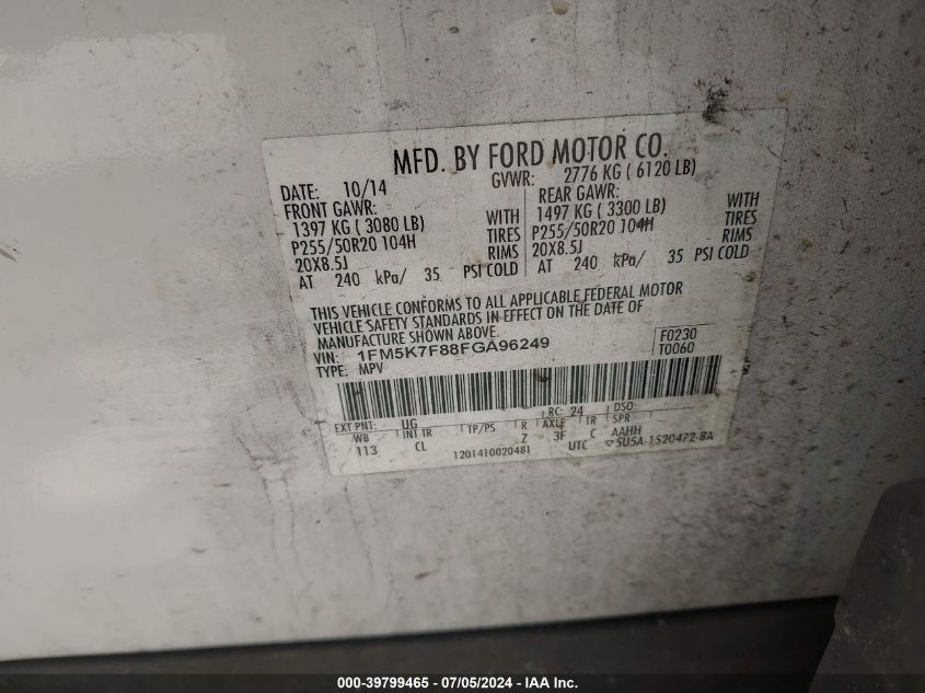 2015 Ford Explorer Limited VIN: 1FM5K7F88FGA96249 Lot: 39799465