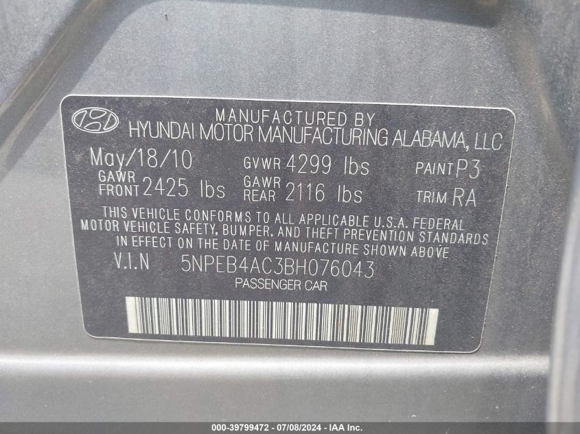 2011 Hyundai Sonata Gls VIN: 5NPEB4AC3BH076043 Lot: 39799472