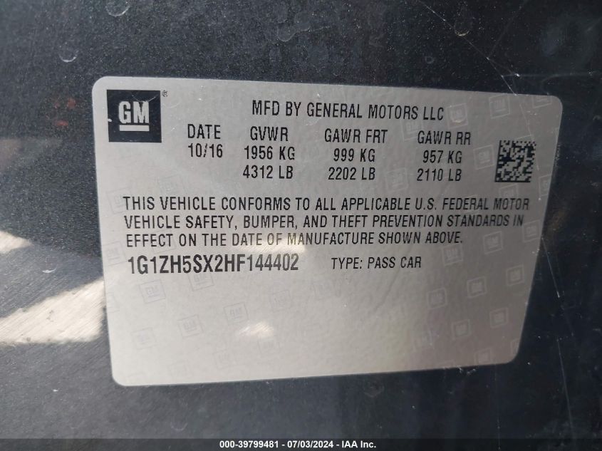 2017 Chevrolet Malibu Premier VIN: 1G1ZH5SX2HF144402 Lot: 39799481