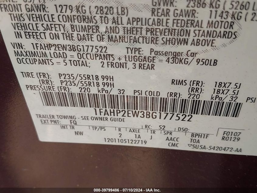 2011 Ford Taurus Sel VIN: 1FAHP2EW3BG177522 Lot: 39799486