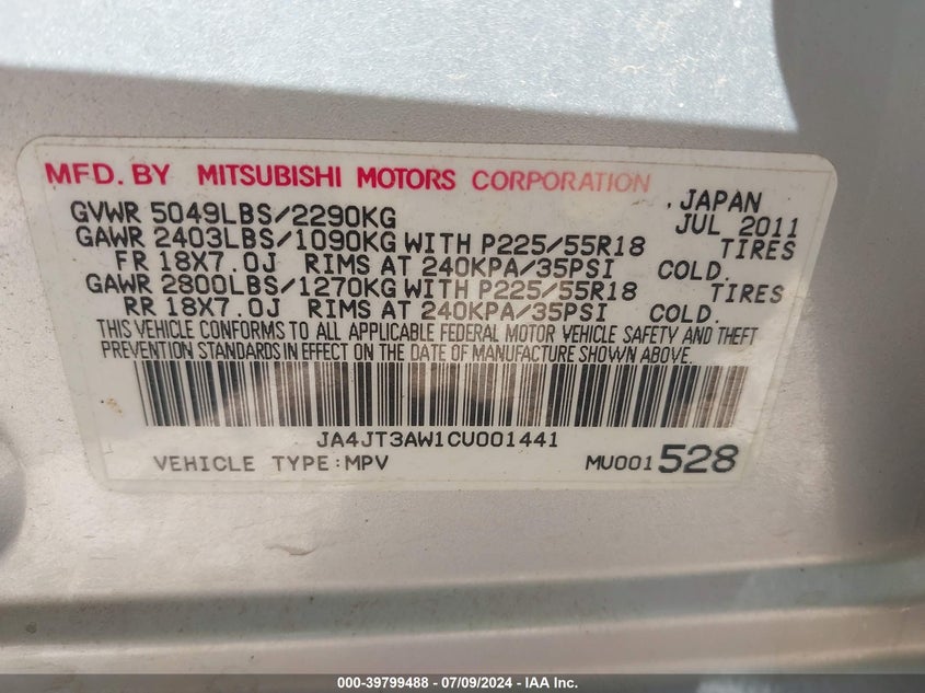 2012 Mitsubishi Outlander Se VIN: JA4JT3AW1CU001441 Lot: 39799488