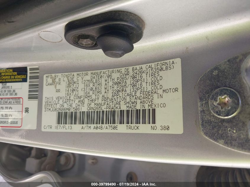 2006 Toyota Tacoma Prerunner V6 VIN: 3TMJU62N86M015081 Lot: 39799490