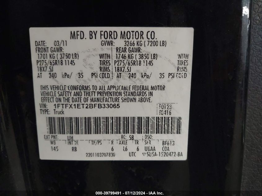 2011 Ford F-150 Fx4 VIN: 1FTFX1ET2BFB33065 Lot: 39799491
