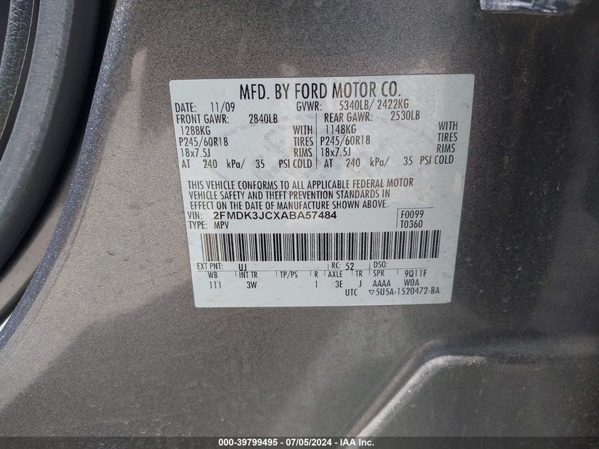 2010 Ford Edge Sel VIN: 2FMDK3JCXABA57484 Lot: 39799495