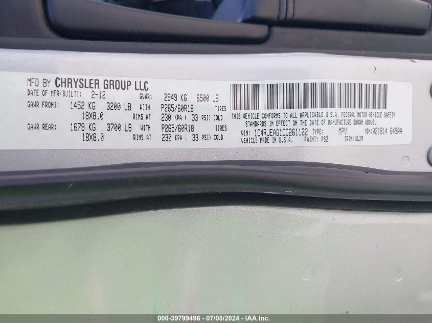 2012 Jeep Grand Cherokee Laredo VIN: 1C4RJEAG1CC261122 Lot: 39799496