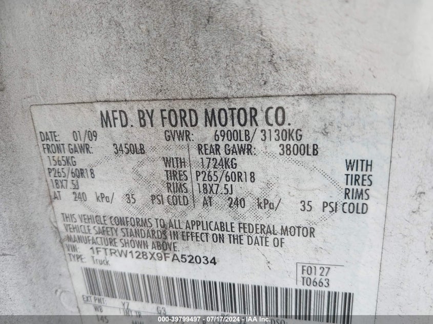 2009 Ford F-150 Xl/Xlt VIN: 1FTRW128X9FA52034 Lot: 39799497