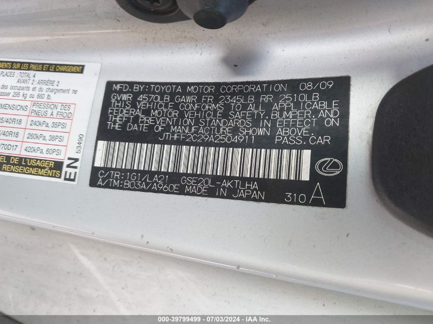 2010 Lexus Is 250C VIN: JTHFF2C29A2504911 Lot: 39799499