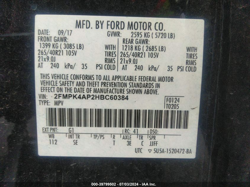 2017 Ford Edge Sport VIN: 2FMPK4AP2HBC60384 Lot: 39799502