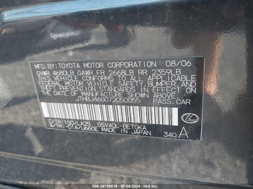 2007 Lexus Es 350 VIN: JTHBJ46G072050055 Lot: 39799519