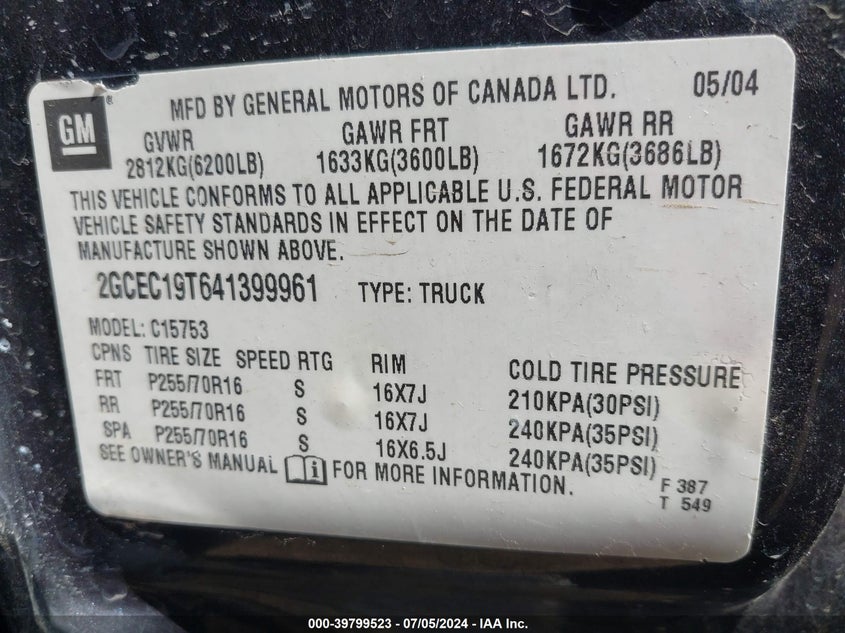 2004 Chevrolet Silverado 1500 Ls VIN: 2GCEC19T641399961 Lot: 39799523