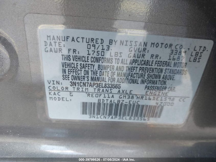 3N1CN7AP3EL833565 2014 Nissan Versa 1.6 Sv