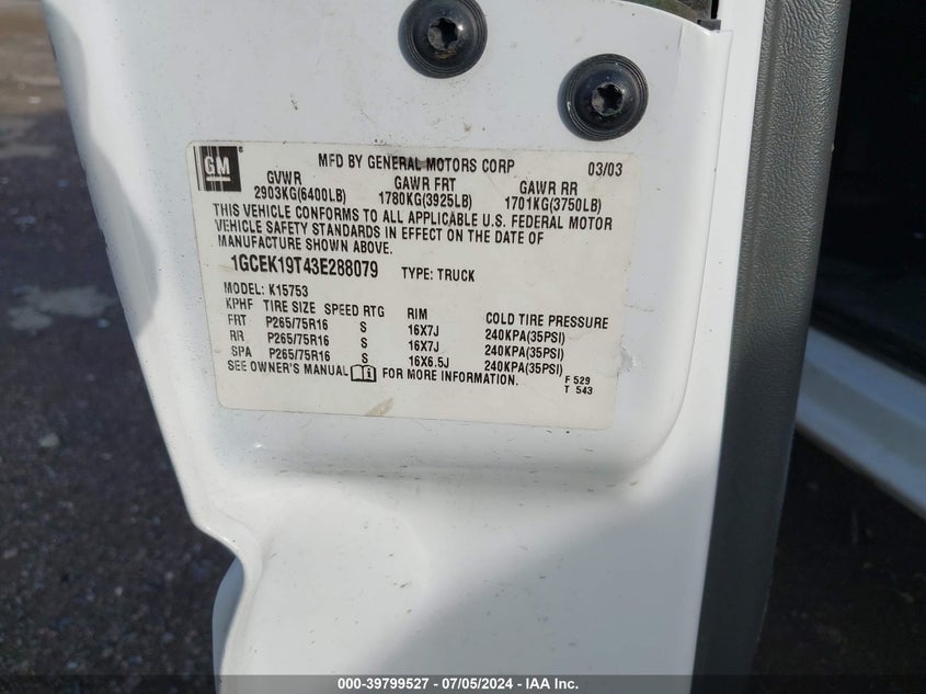 2003 Chevrolet Silverado 1500 Lt VIN: 1GCEK19T43E288079 Lot: 39799527