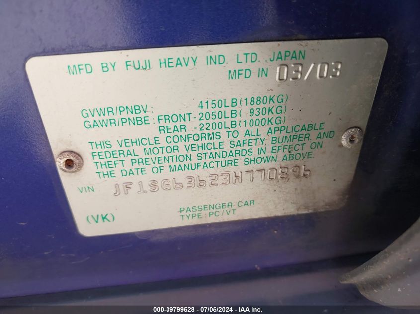 2003 Subaru Forester X VIN: JF1SG63623H770896 Lot: 39799528