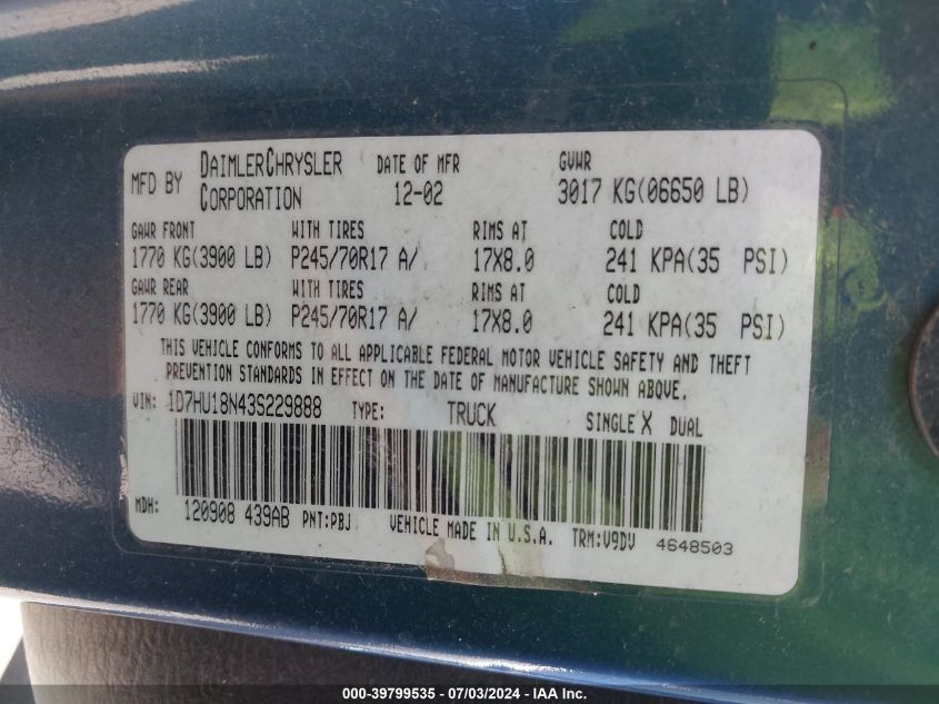 2003 Dodge Ram 1500 Slt/Laramie/St VIN: 1D7HU18N43S229888 Lot: 39799535