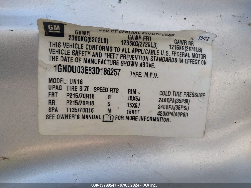 2003 Chevrolet Venture Ls VIN: 1GNDU03E83D186257 Lot: 39799547