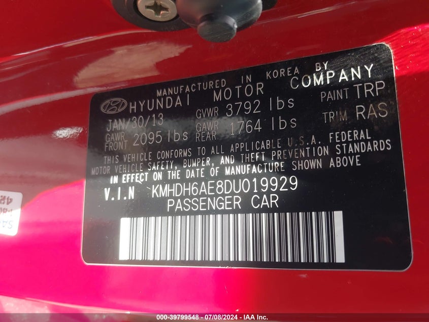 2013 Hyundai Elantra Gs VIN: KMHDH6AE8DU019929 Lot: 39799548