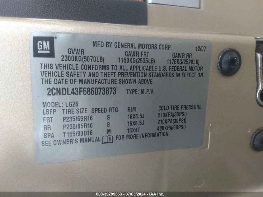 2008 Chevrolet Equinox Lt VIN: 2CNDL43F686073873 Lot: 39799553