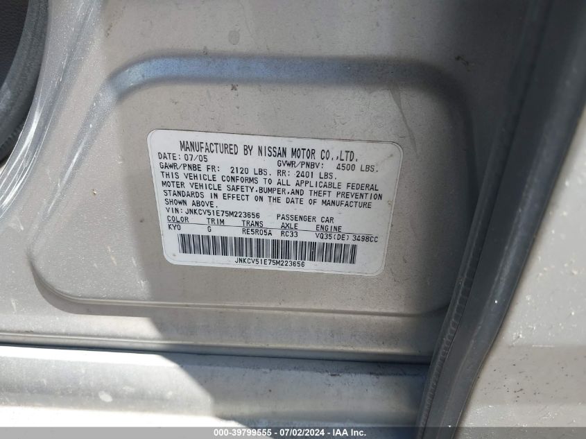 2005 Infiniti G35 VIN: JNKCV51E75M223656 Lot: 39799555
