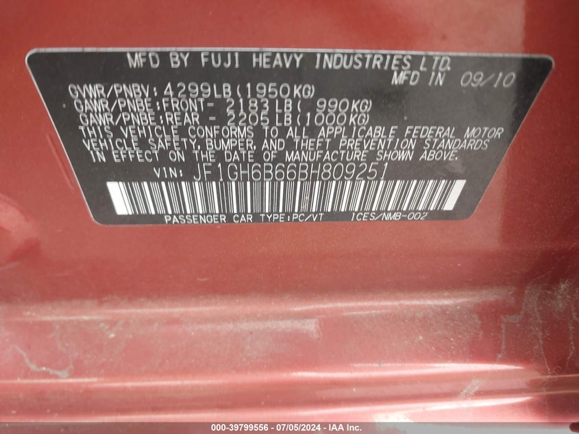 2011 Subaru Impreza 2.5I Premium VIN: JF1GH6B66BH809251 Lot: 39799556