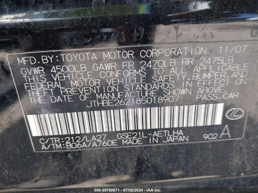 2008 Lexus Is 350 VIN: JTHBE262185018907 Lot: 39799571