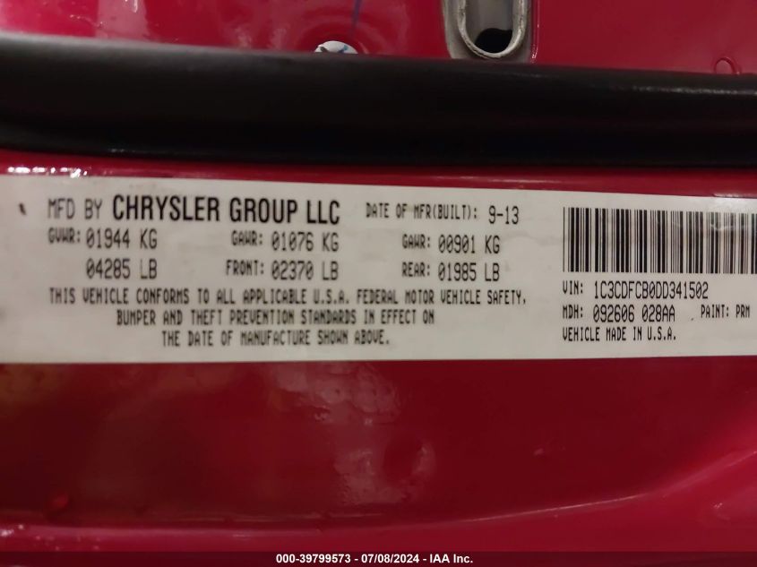 2013 Dodge Dart Gt VIN: 1C3CDFCB0DD341502 Lot: 39799573