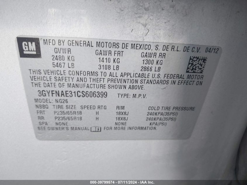 2012 Cadillac Srx Luxury Collection VIN: 3GYFNAE31CS606399 Lot: 39799574