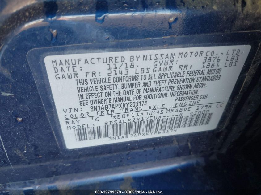 2019 Nissan Sentra S VIN: 3N1AB7APXKY263174 Lot: 39799579